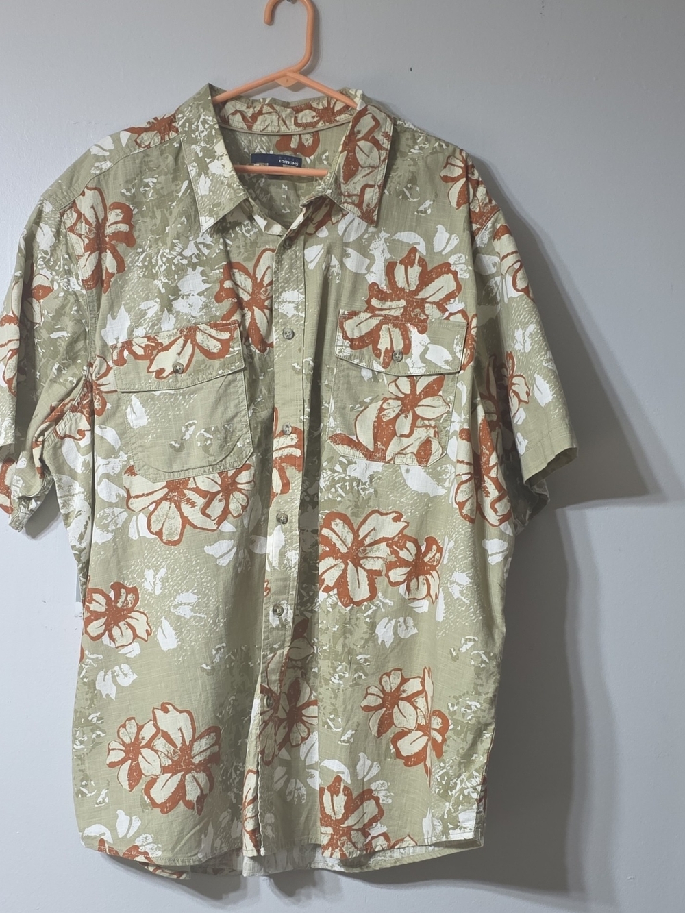 Basic Editions Olive & Orange Floral Short Sleeve Button-Up Shirt